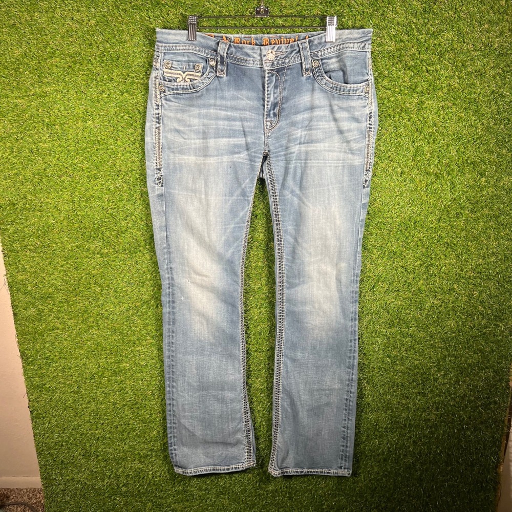 Rock Revival Mens Bootcut Jeans Light Wash Distressed‎ Blue Size 32 4473